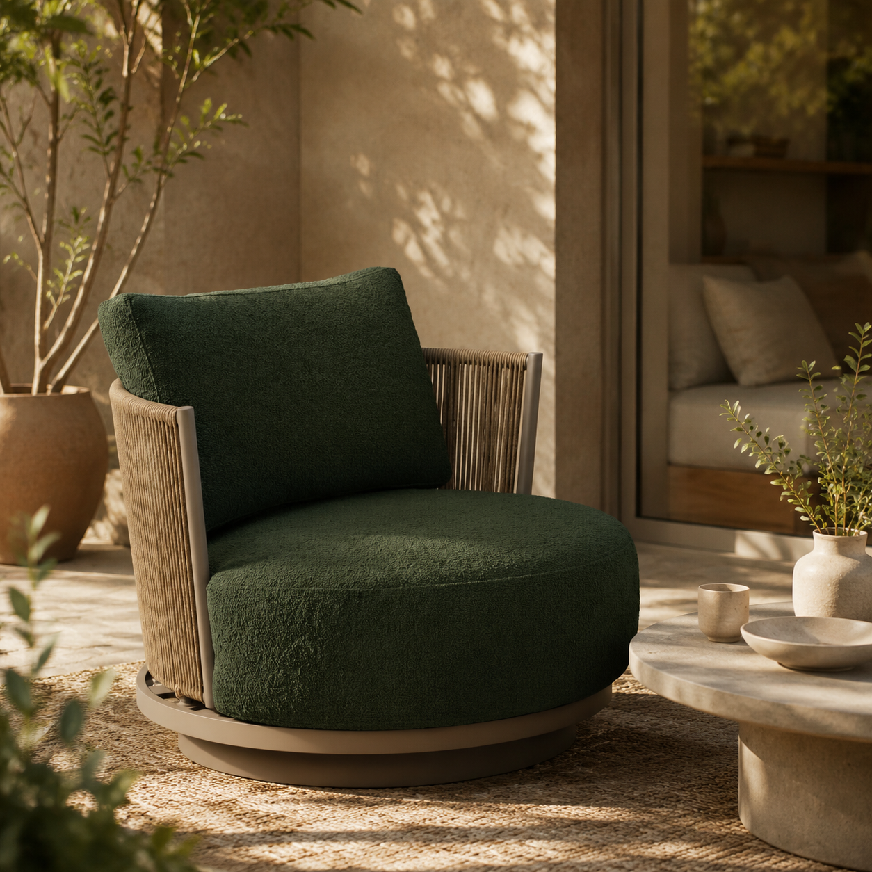 Leisure Chair in Aluminum frame with acrylic PVC rope, QDF seat and polyester back cushions