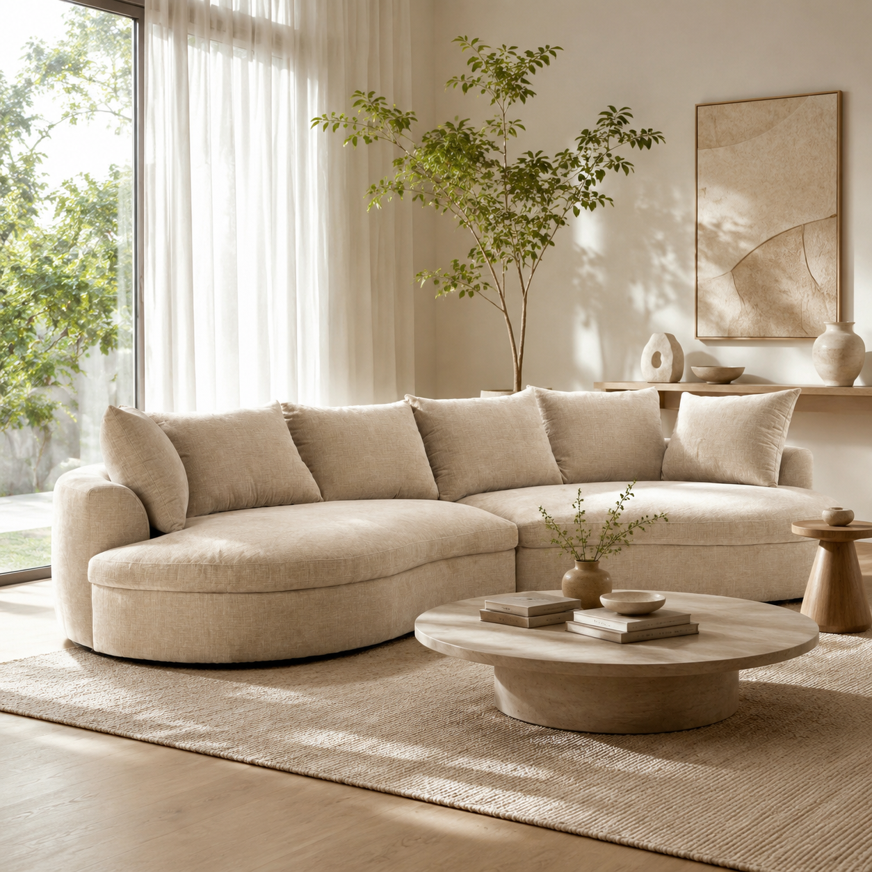 Nube Curved Sofa — Sand in Curved chenille upholstery with scatter cushions
