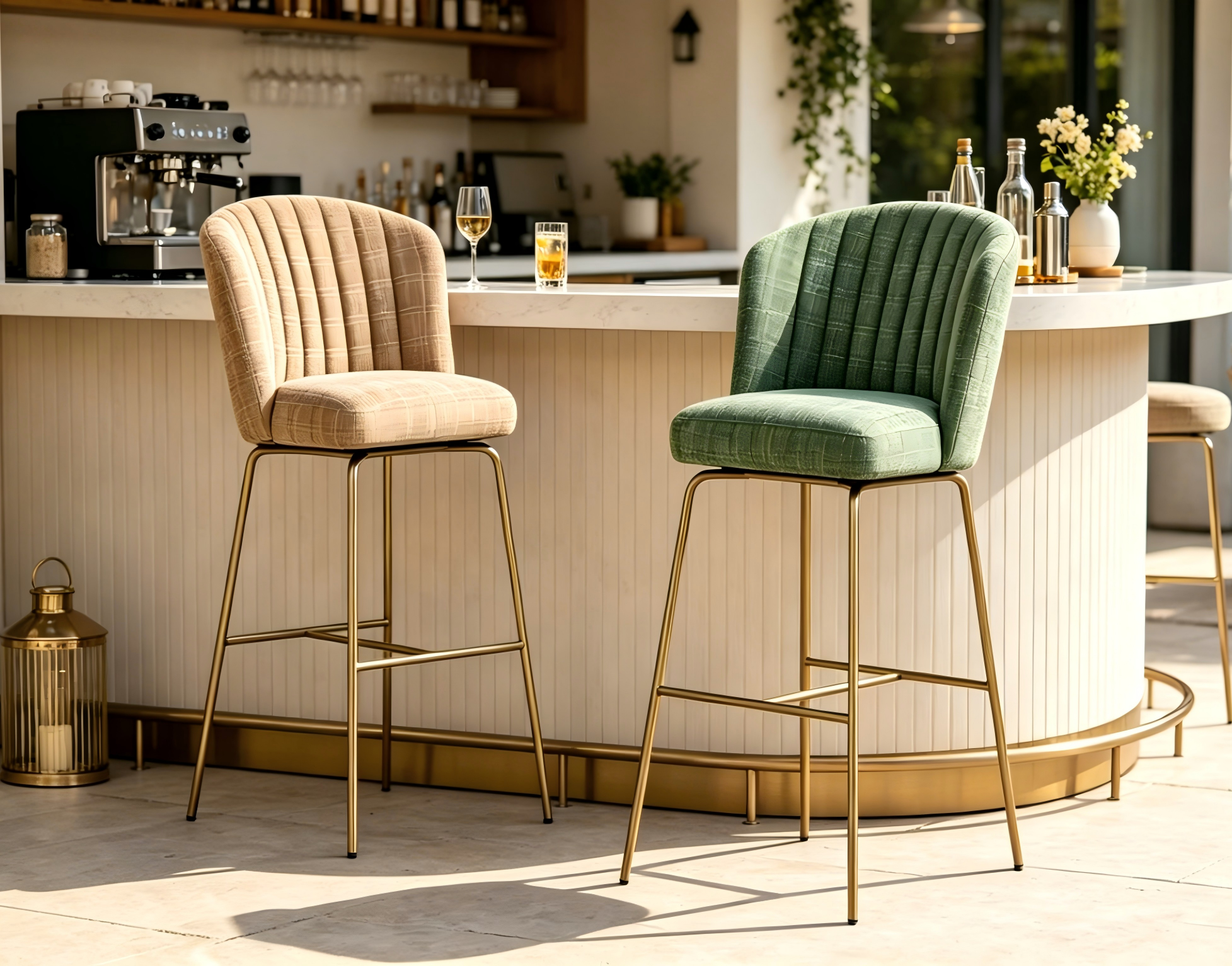 Bar Chair — Green Chenille in Channel-stitched green chenille upholstery with brushed gold metal legs