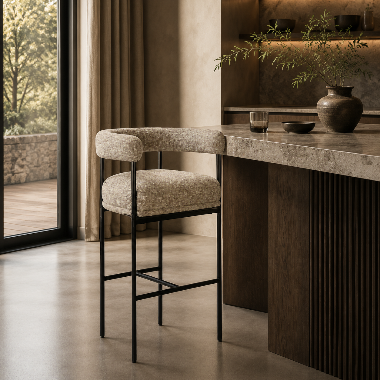 Indoor Bar Stool — Tall in LVL plywood frame + solid foam + metal legs