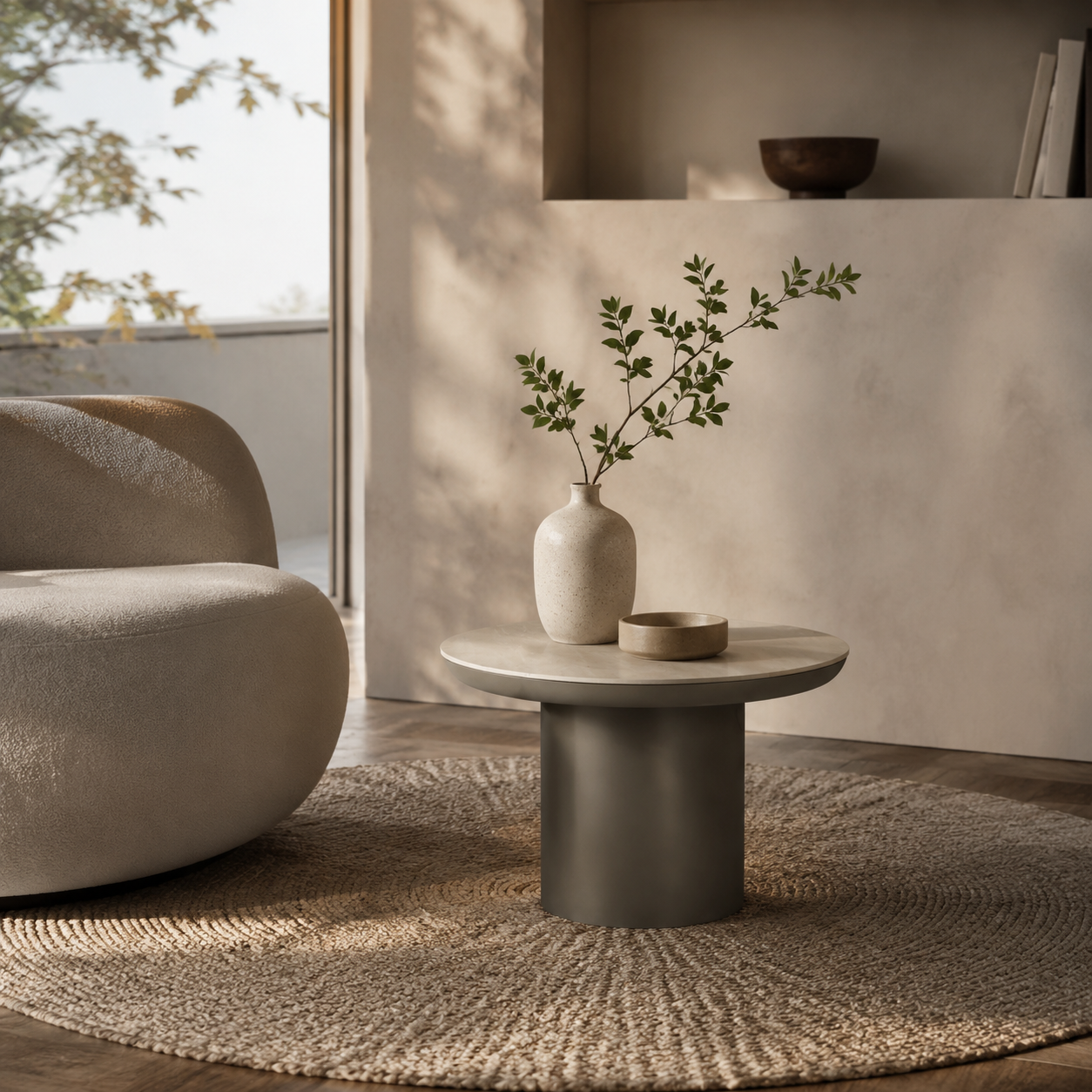 Coffee Table — Indoor/Outdoor, Stone Top, Small in Stainless steel frame + sintered stone table top