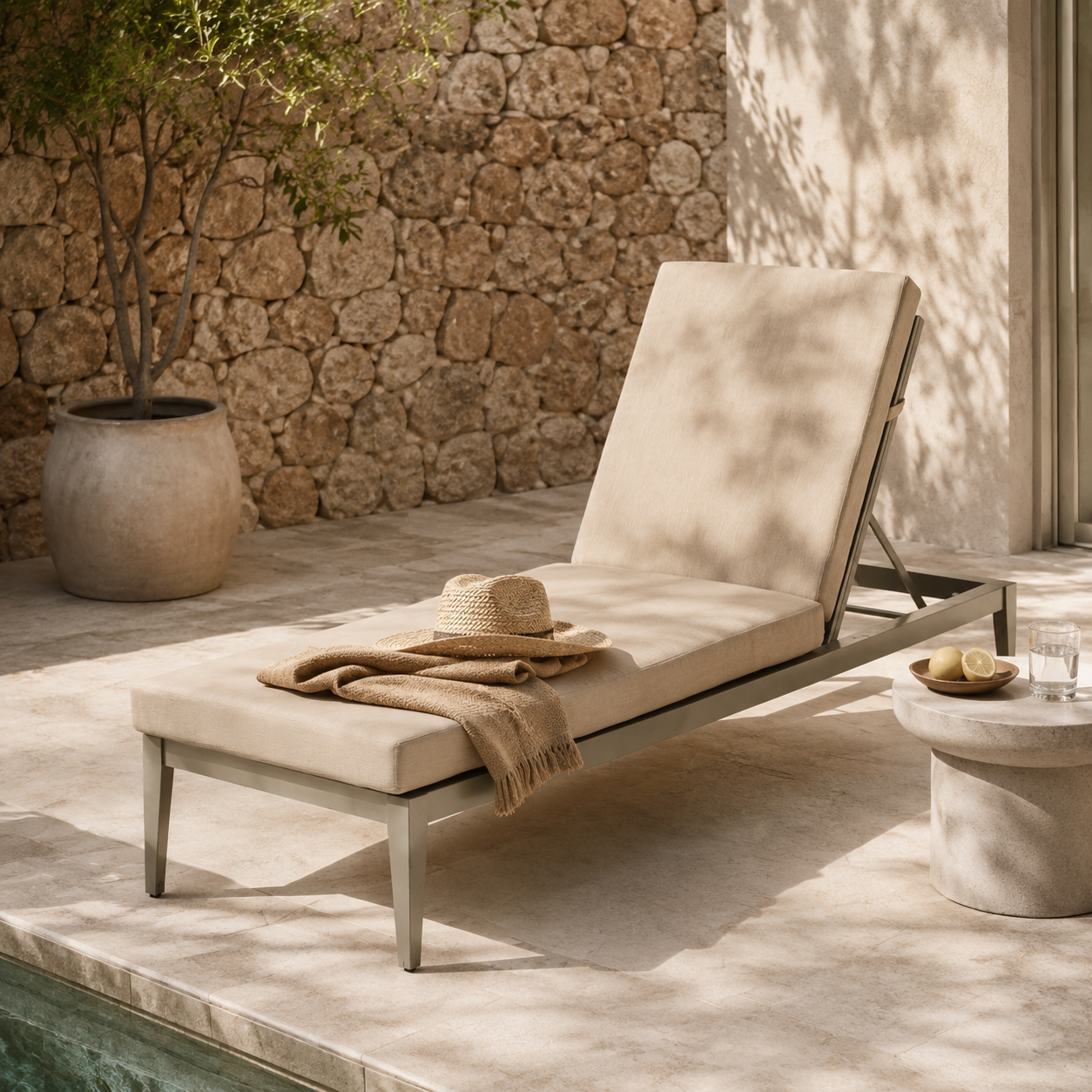 Chaise Longue in Aluminum frame + acrylic fabric + QDF cushion