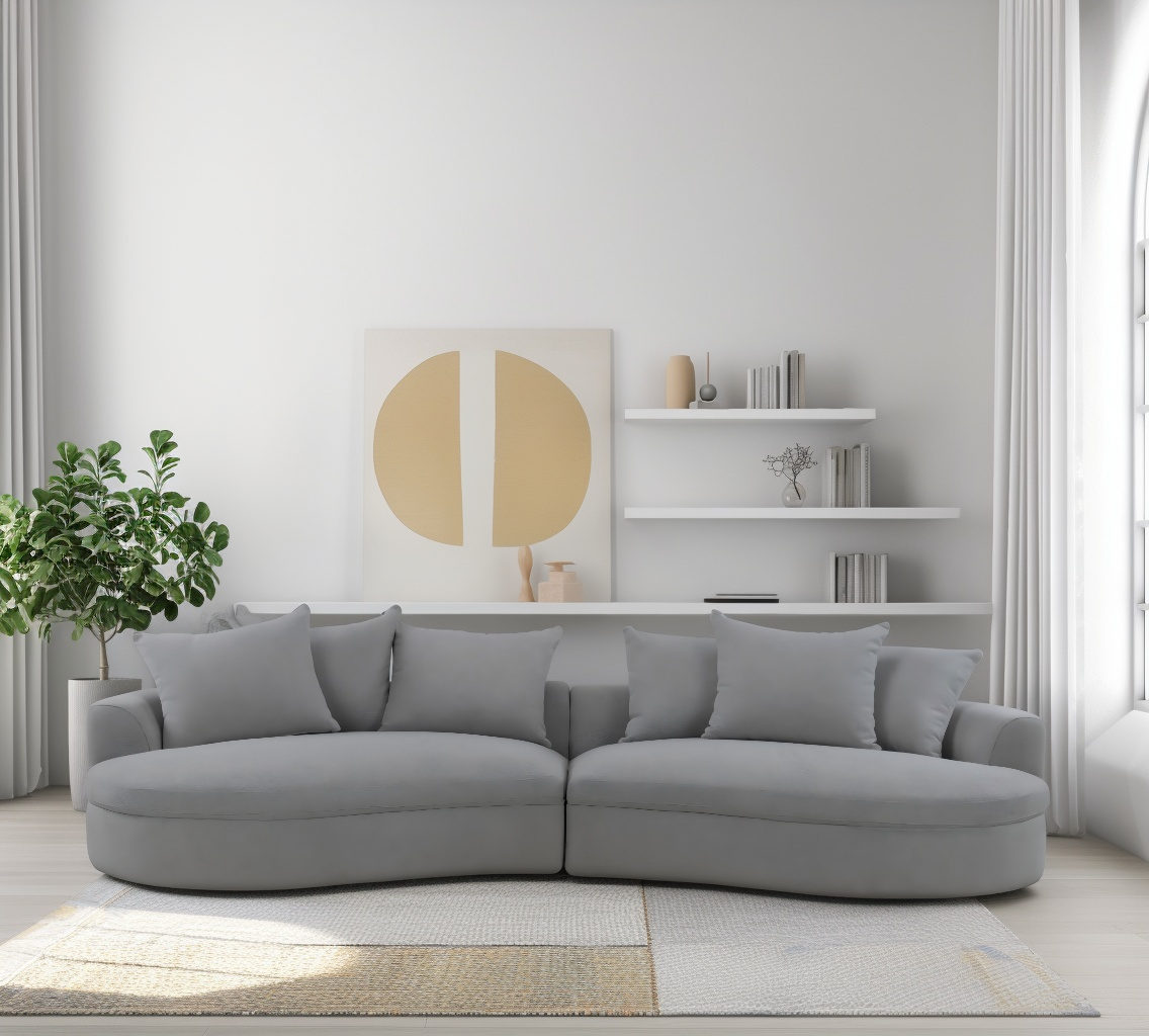 Nube Curved Sofa — Grey in Curved chenille upholstery with scatter cushions