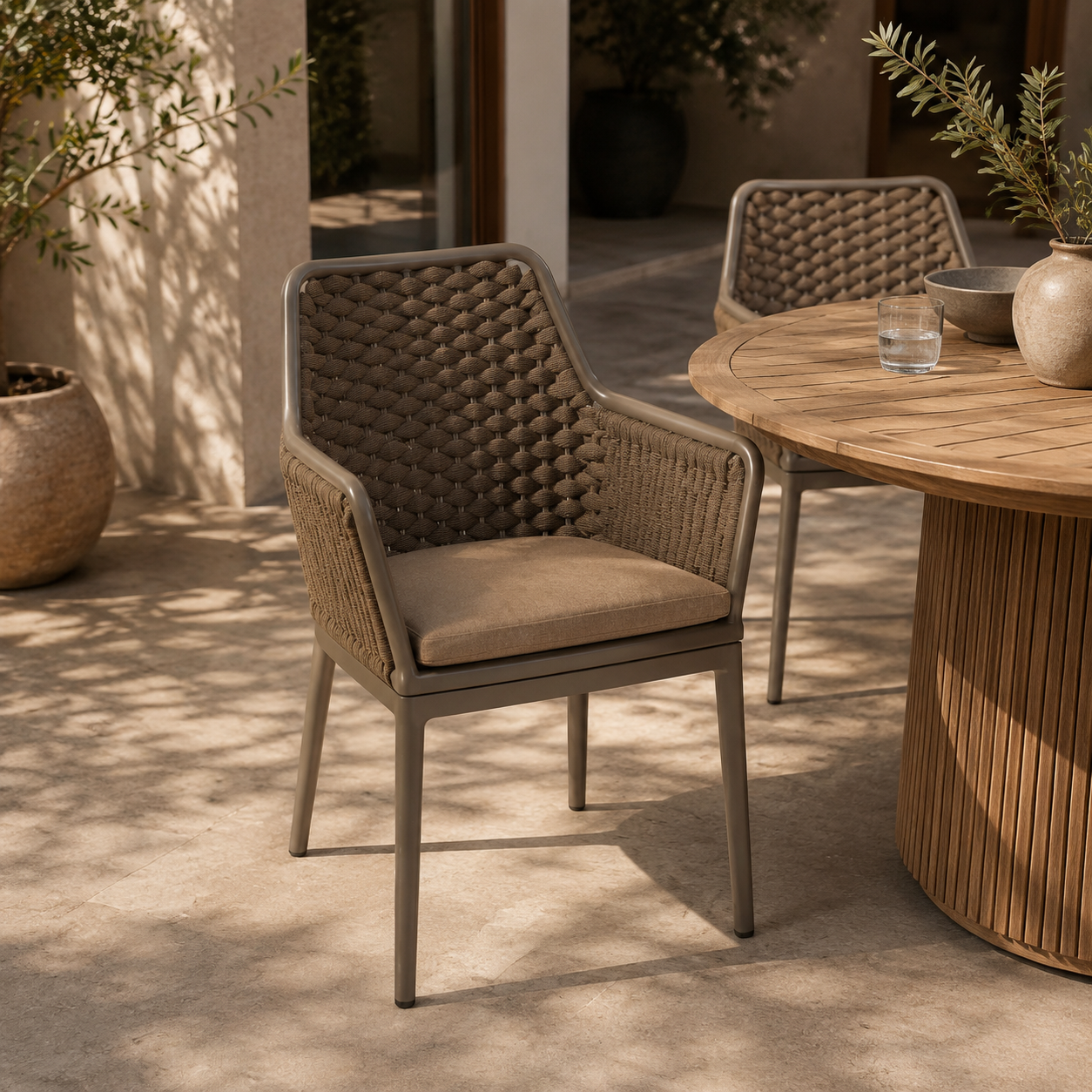 Outdoor Dining Chair — Rope in Aluminum frame + acrylic mix PVC webbing + acrylic fabric + QDF seat cushion