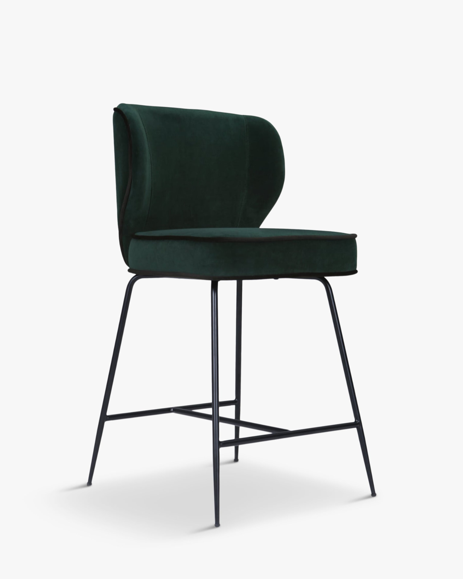 Bar Chair — Green Velvet in Velvet upholstery with contrast piping and black metal frame