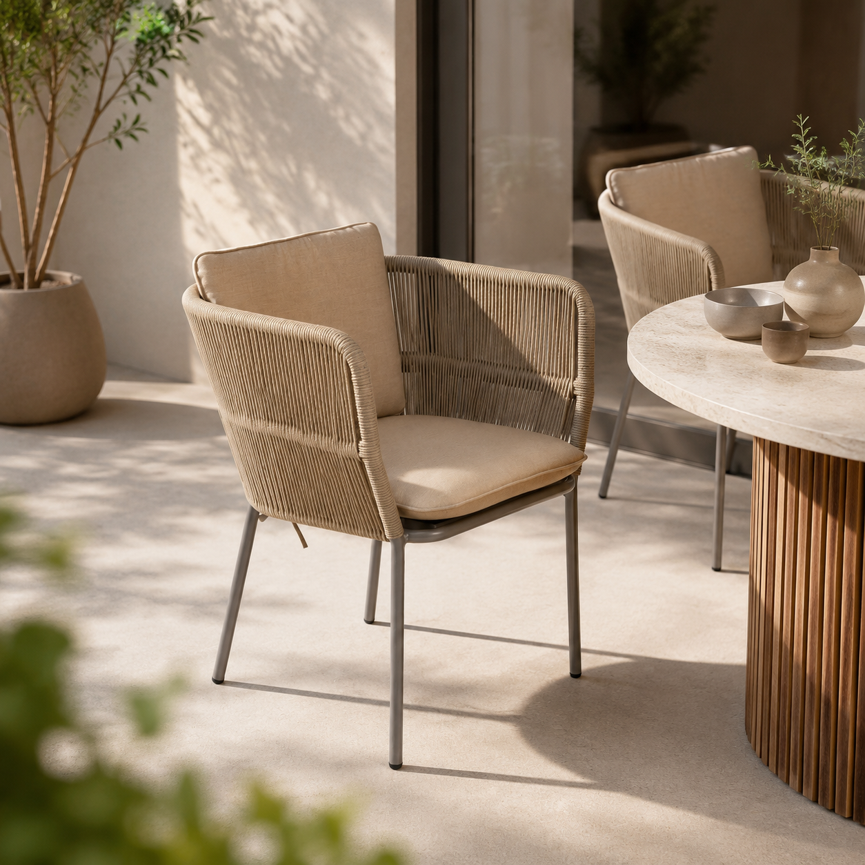 Outdoor Dining Chair in Aluminum frame + acrylic mix PVC rope + normal foam
