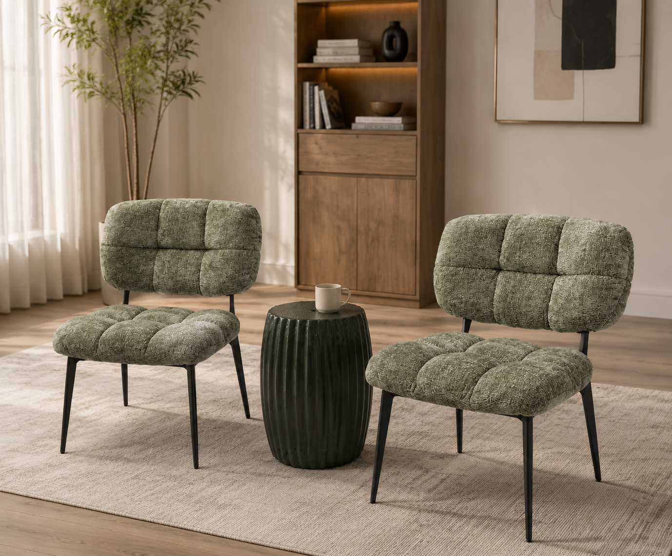 Indoor Dining Chair — Green Tufted in Metal + plywood frame + solid foam 25D + polypropylene fibre + powder coated legs